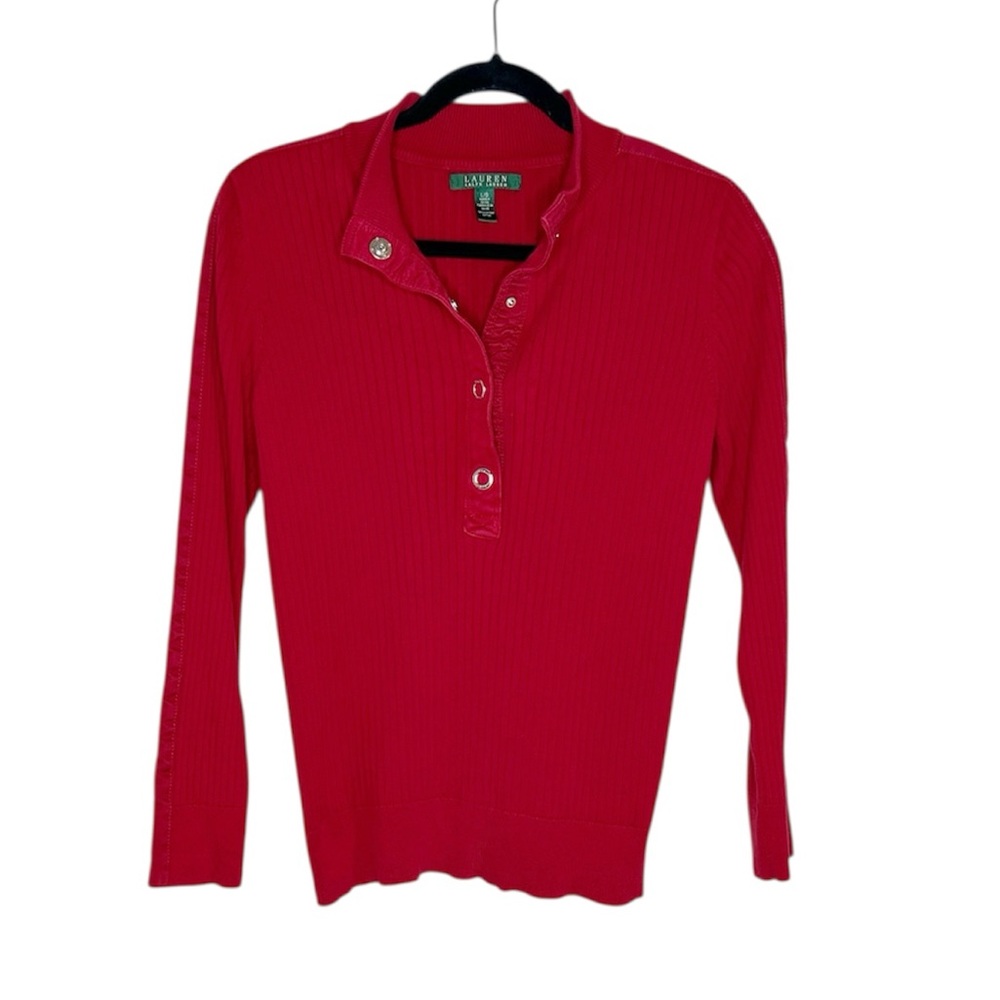 Lauren Ralph Lauren 100% Cotton Ribbed Half Snap Long Sleeve Top